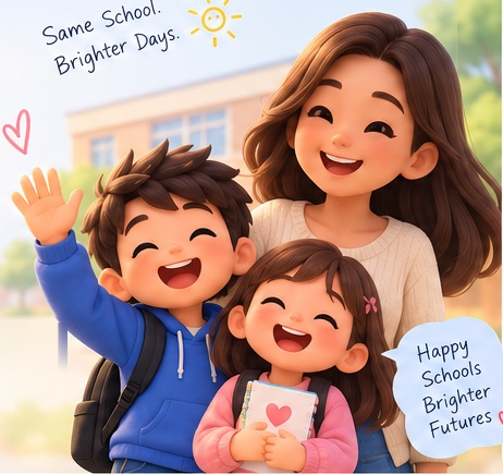 A mom and two kids smiling on the way to school
